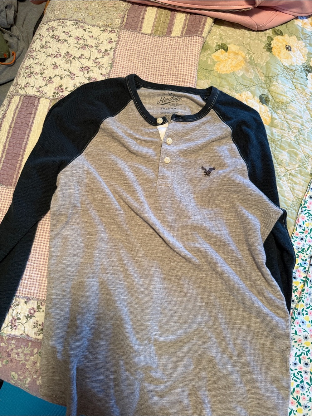 American Eagle Outfitters Gray and Navy Long Sleeve Henley